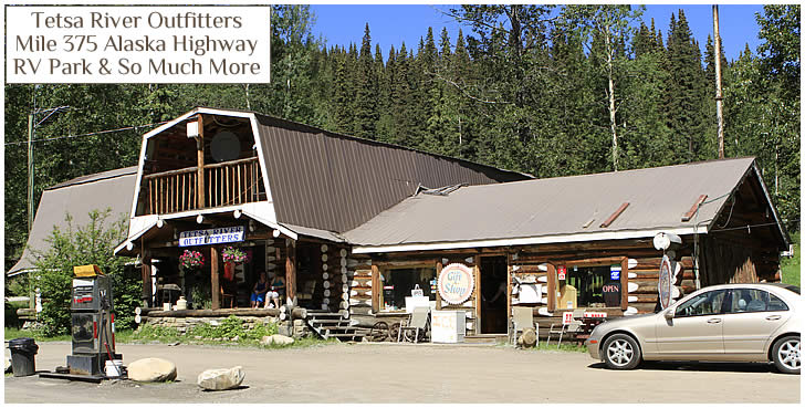 Tetsa River Outfitters on the Alaska Highway offers Camping with water and electrical hookups. 
