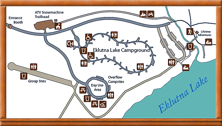 Map of Eklutna Lake Campground in Eagle River, Alaska.